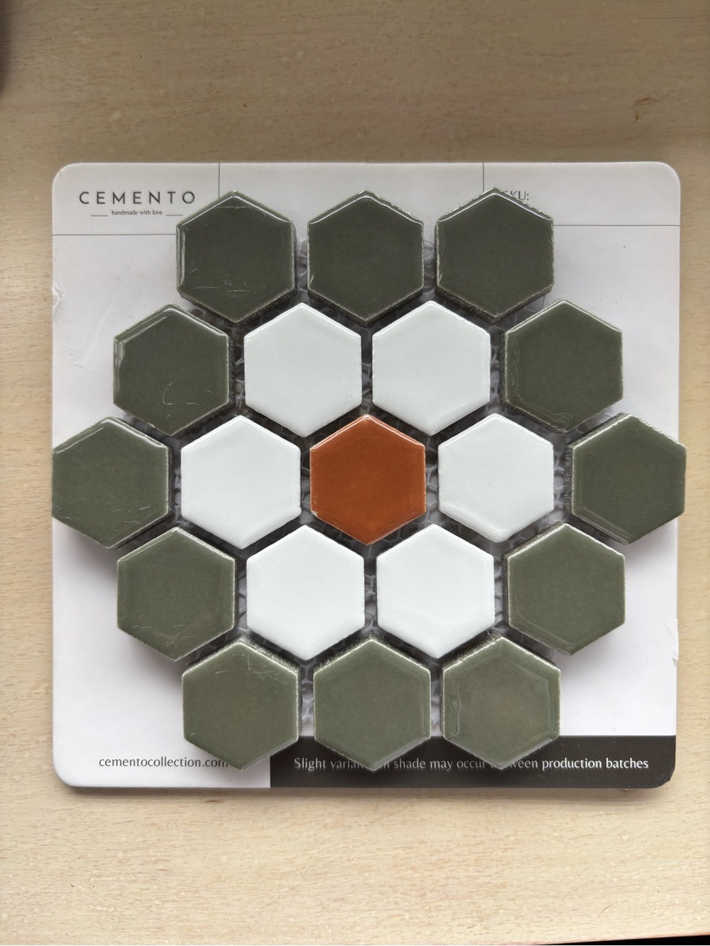 Cemento Hexagon Mosaic Tile Sheet - Olive, White & Terracotta